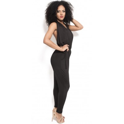 'Ainoa' zwarte backless jumpsuit met diepe v hals